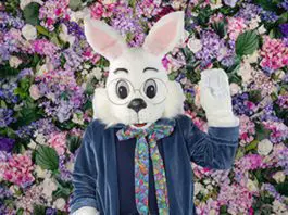 Shop, Hop, and Snap a Pic with the Easter Bunny! Large white Rabbit mascot sitting down at a McAllen Mall.