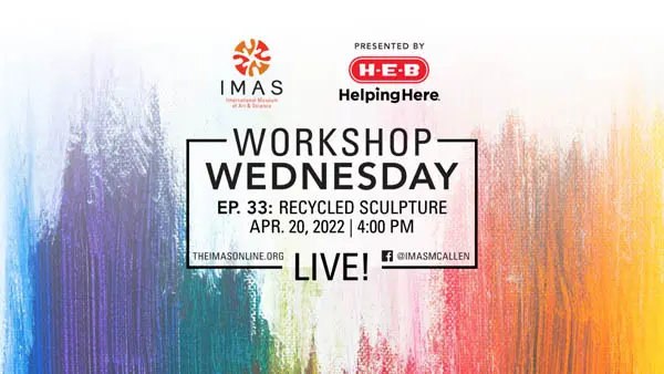 A colorful rainbow flyer with black text and the words Workshop Wednesday Ep 33: Recycled Sculpture in the center.
