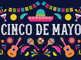 5 McAllen Events to Celebrate Cinco de Mayo Dark purple banner with colorful pinatas, guitars, and sombreros all over and words, 'Cinco de Mayo', in white on the center.