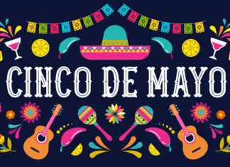 Dark purple banner with colorful pinatas, guitars, and sombreros all over and words, 'Cinco de Mayo', in white on the center.