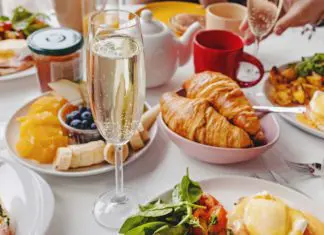 Glass of champagne and breakfast brunch from McAllen restaurants.