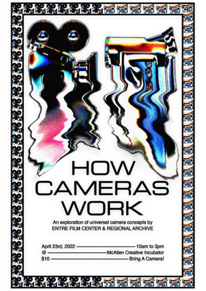 white flyer with two cameras on top melting down and black text with the words How Cameras Work in the center.