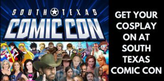 Black and dark blue flyer with celebrities and comic book characters for McAllen Convention Center upcoming events with the words ‘Get Your Cosplay On At South Texas Comic Con’ on the right.