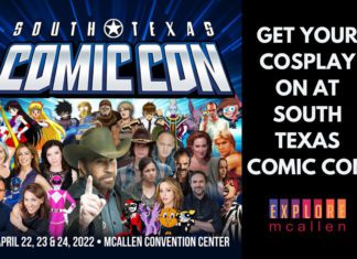 Black and dark blue flyer with celebrities and comic book characters for McAllen Convention Center upcoming events with the words ‘Get Your Cosplay On At South Texas Comic Con’ on the right.