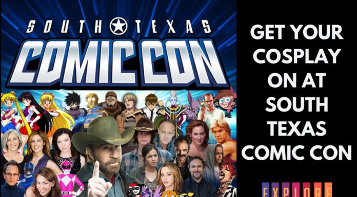 Black and dark blue flyer with celebrities and comic book characters for McAllen Convention Center upcoming events with the words ‘Get Your Cosplay On At South Texas Comic Con’ on the right.