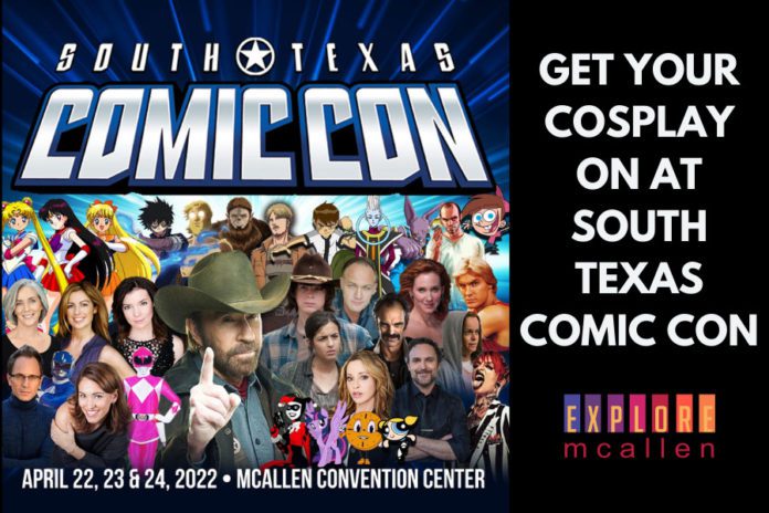 Black and dark blue flyer with celebrities and comic book characters for McAllen Convention Center upcoming events with the words ‘Get Your Cosplay On At South Texas Comic Con’ on the right.