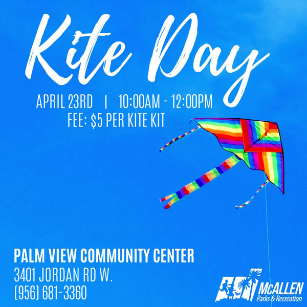 A blue flyer with a rainbow kite on the right and white text with the words Kite Day on top.
