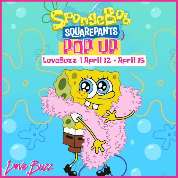 A baby blue flyer with Spongebob Squarepants in the center holding a pink feather boa and yellow, white, and pink text with the words Spongebob Squarepants Pop Up on top.