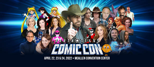 A dark blue flyer with people and comic book characters bunched together and silver text with the words South Texas Comic Con at the bottom.