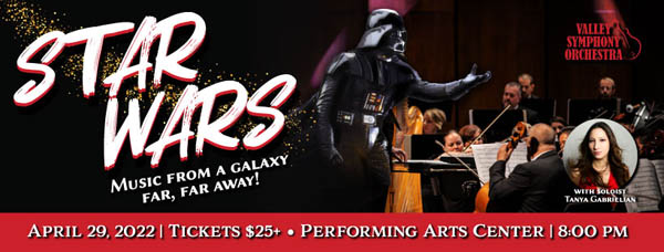 A black and red flyer with a person dressed as Darth Vader posing and singing in front of violinists. There’s white text that says Star Wars Music From a Galaxy Far, Far Away!