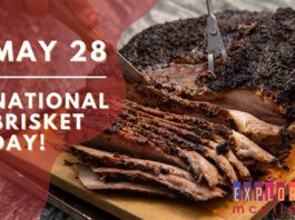 Brisket is being sliced to celebrate one of the McAllen events with white words on the left that read ‘May 28 - National Brisket Day.’
