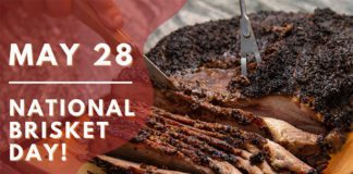 Brisket is being sliced to celebrate one of the McAllen events with white words on the left that read ‘May 28 - National Brisket Day.’