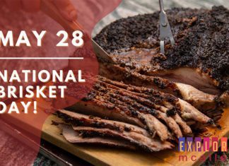 Brisket is being sliced to celebrate one of the McAllen events with white words on the left that read ‘May 28 - National Brisket Day.’