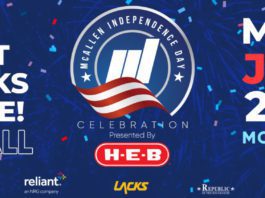 Patriotic blue, white, and red flyer for McAllen tx events with bold words on the left that says ‘PARADE, CONCERT, FIREWORKS, AND MORE FUN FOR ALL,’ ‘McAllen Independence Day Celebration’ on the right, and ‘MONDAY, JULY 4TH, 2022’ on the right.