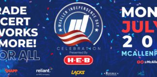 Patriotic blue, white, and red flyer for McAllen tx events with bold words on the left that says ‘PARADE, CONCERT, FIREWORKS, AND MORE FUN FOR ALL,’ ‘McAllen Independence Day Celebration’ on the right, and ‘MONDAY, JULY 4TH, 2022’ on the right.