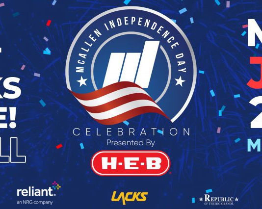 Patriotic blue, white, and red flyer for McAllen tx events with bold words on the left that says ‘PARADE, CONCERT, FIREWORKS, AND MORE FUN FOR ALL,’ ‘McAllen Independence Day Celebration’ on the right, and ‘MONDAY, JULY 4TH, 2022’ on the right.