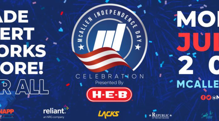 Patriotic blue, white, and red flyer for McAllen tx events with bold words on the left that says ‘PARADE, CONCERT, FIREWORKS, AND MORE FUN FOR ALL,’ ‘McAllen Independence Day Celebration’ on the right, and ‘MONDAY, JULY 4TH, 2022’ on the right.