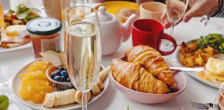 Glass of champagne and breakfast brunch from McAllen restaurants.